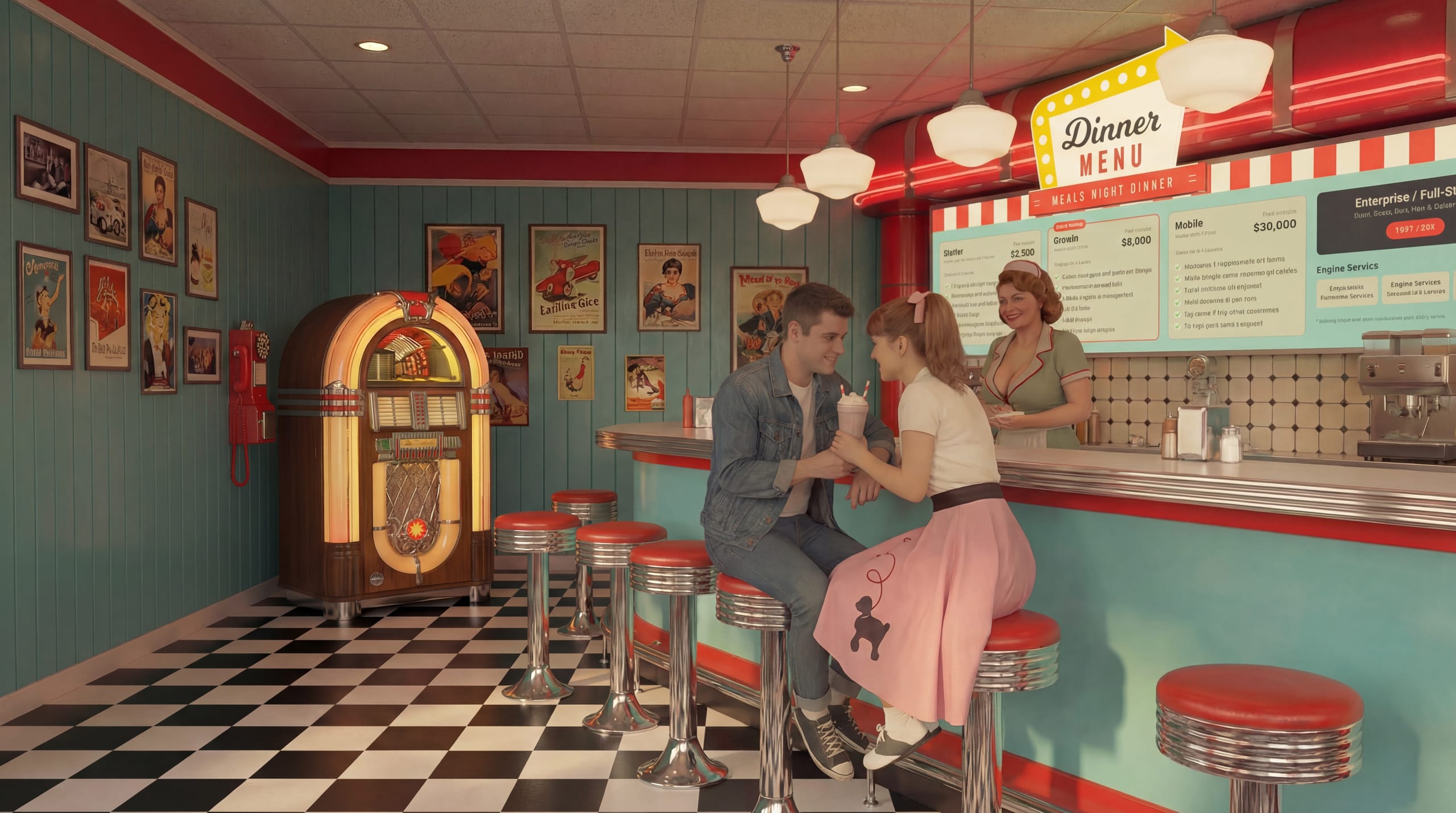 1950s American diner side view with jukebox